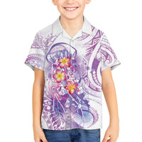 Lavender Polynesian Jellyfish Family Matching Off The Shoulder Long Sleeve Dress and Hawaiian Shirt Watercolor Glows - Polynesian Pride