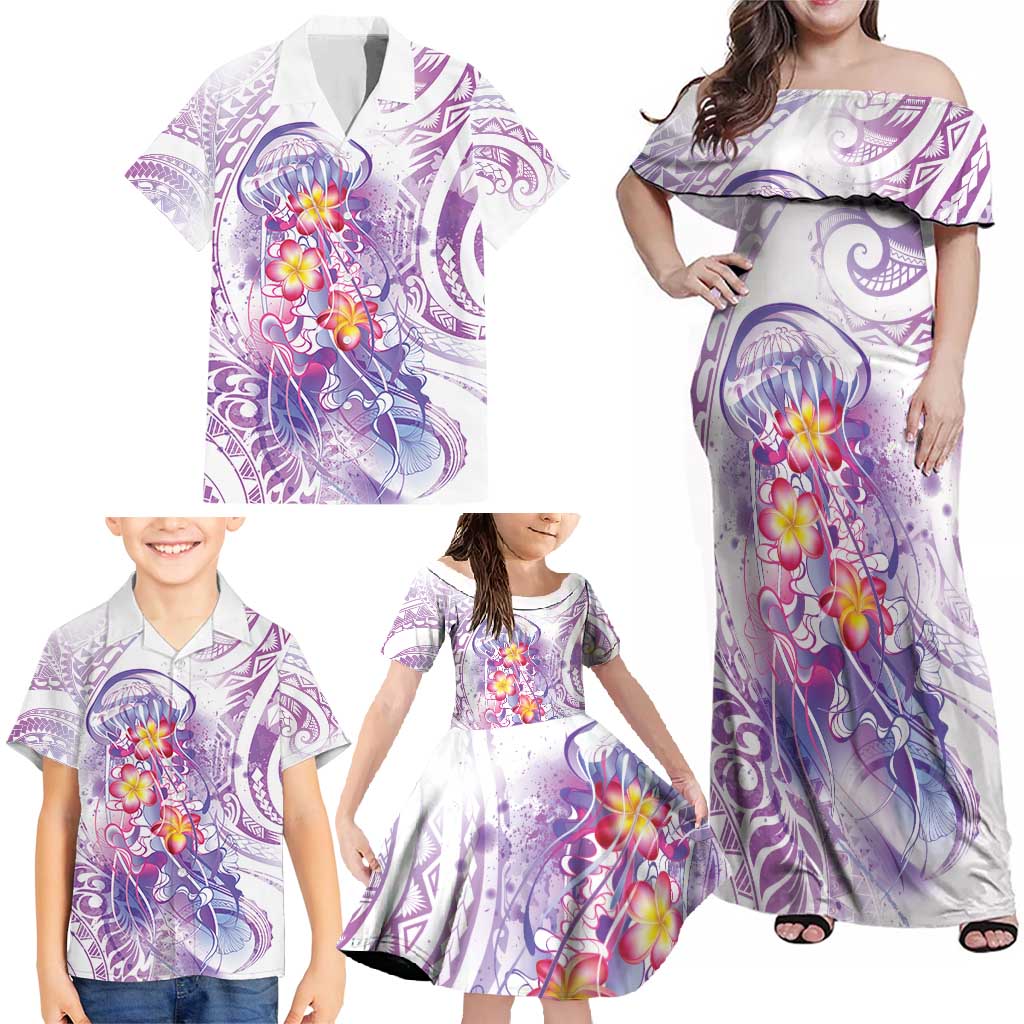 Lavender Polynesian Jellyfish Family Matching Off Shoulder Maxi Dress and Hawaiian Shirt Watercolor Glows - Polynesian Pride