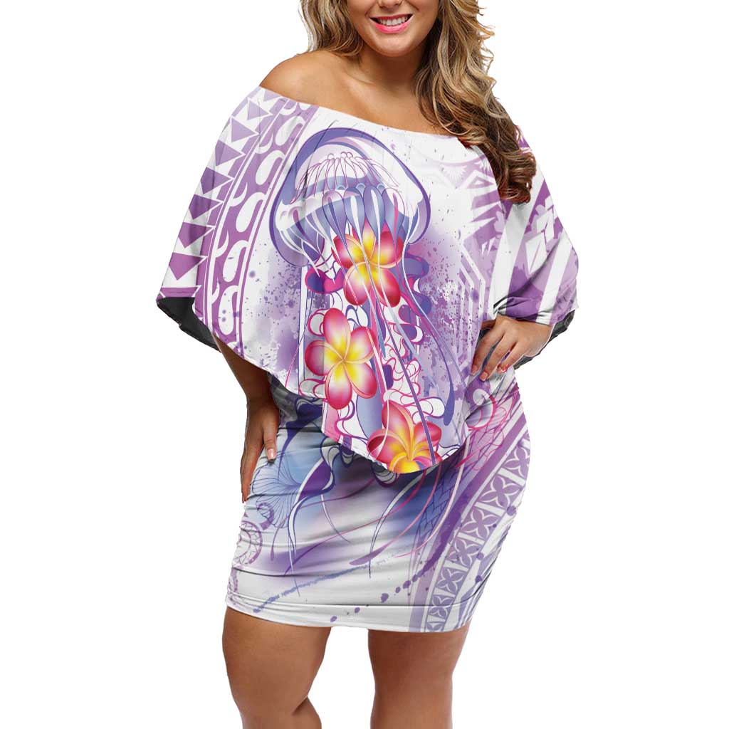 Lavender Polynesian Jellyfish Off Shoulder Short Dress Watercolor Glows - Polynesian Pride