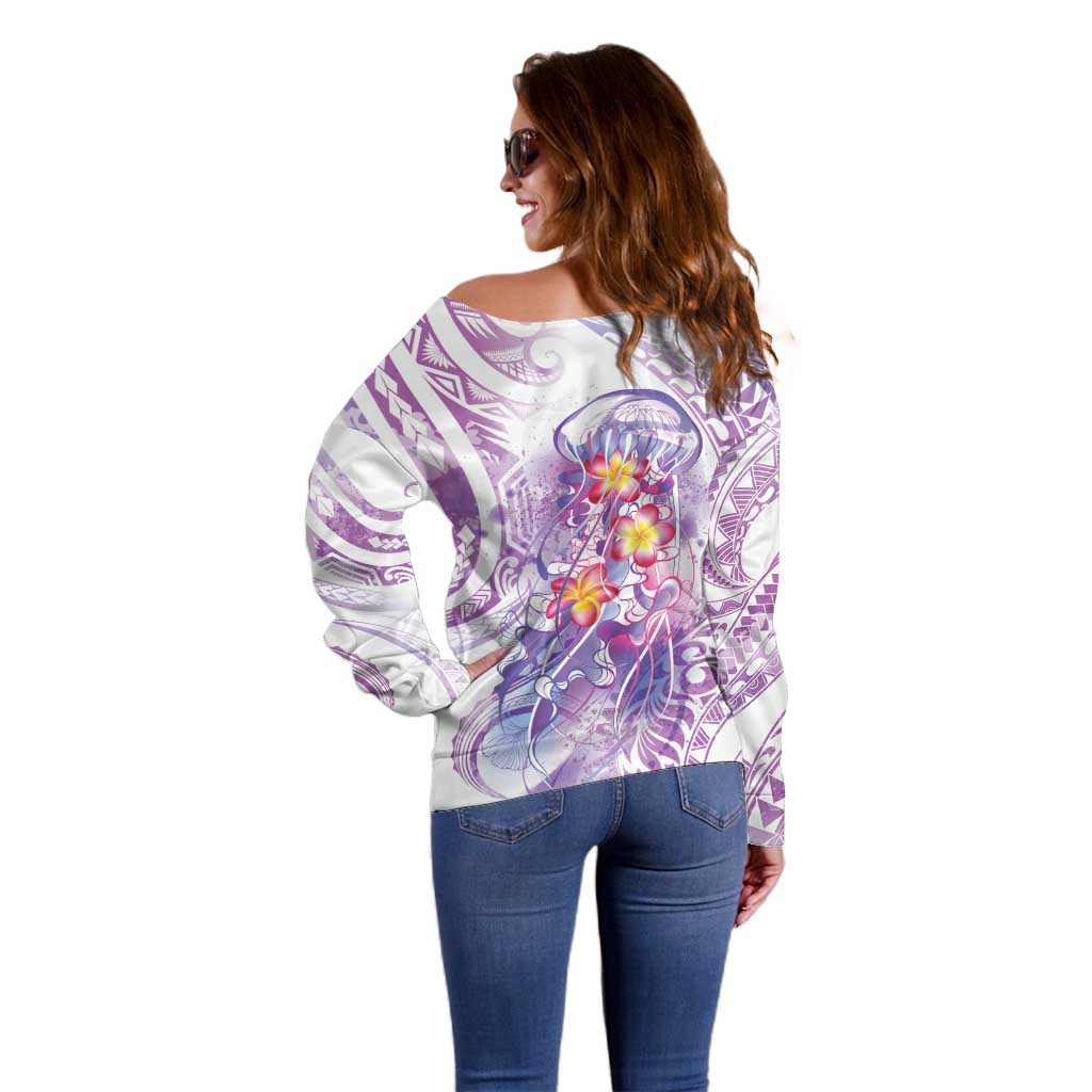 Lavender Polynesian Jellyfish Off Shoulder Sweater Watercolor Glows LT7 - Polynesian Pride