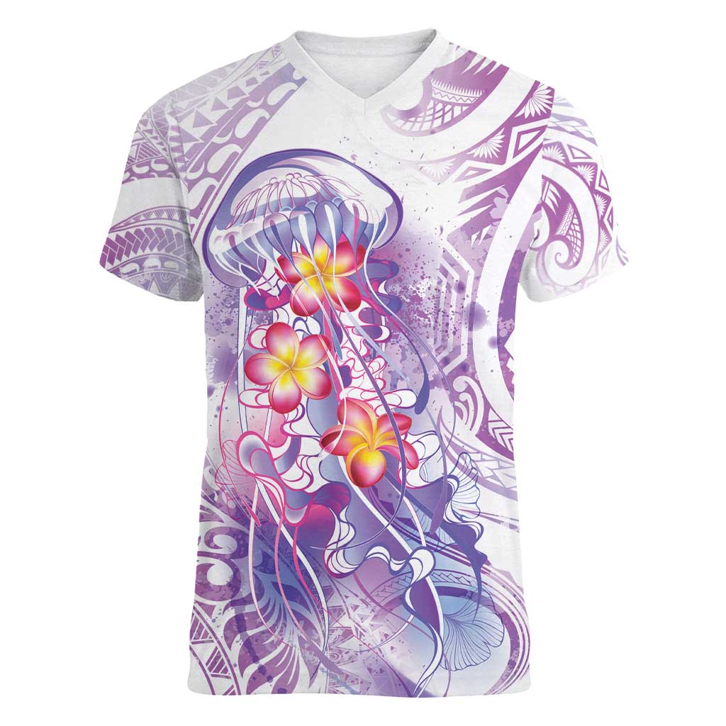 Lavender Polynesian Jellyfish Women V-Neck T-Shirt Watercolor Glows LT7 Female Lavender - Polynesian Pride
