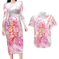 Rose Pink Polynesian Jellyfish Couples Matching Long Sleeve Bodycon Dress and Hawaiian Shirt Watercolor Glows - Polynesian Pride