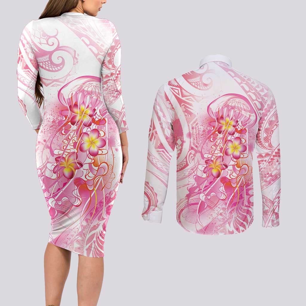 Rose Pink Polynesian Jellyfish Couples Matching Long Sleeve Bodycon Dress and Long Sleeve Button Shirt Watercolor Glows LT7 - Polynesian Pride