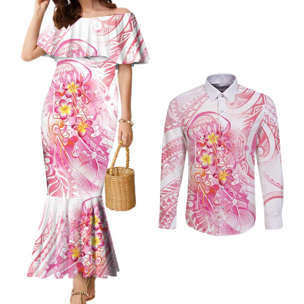 Rose Pink Polynesian Jellyfish Couples Matching Mermaid Dress and Long Sleeve Button Shirt Watercolor Glows LT7 Rose Pink - Polynesian Pride