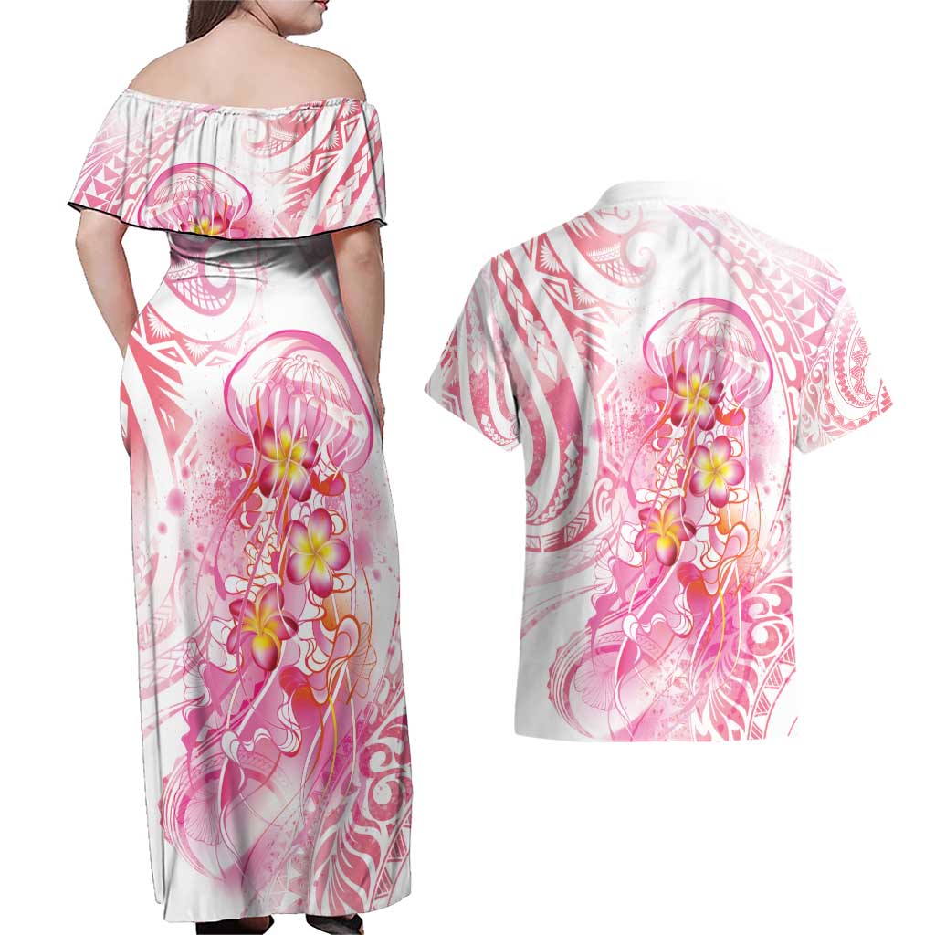 Rose Pink Polynesian Jellyfish Couples Matching Off Shoulder Maxi Dress and Hawaiian Shirt Watercolor Glows - Polynesian Pride