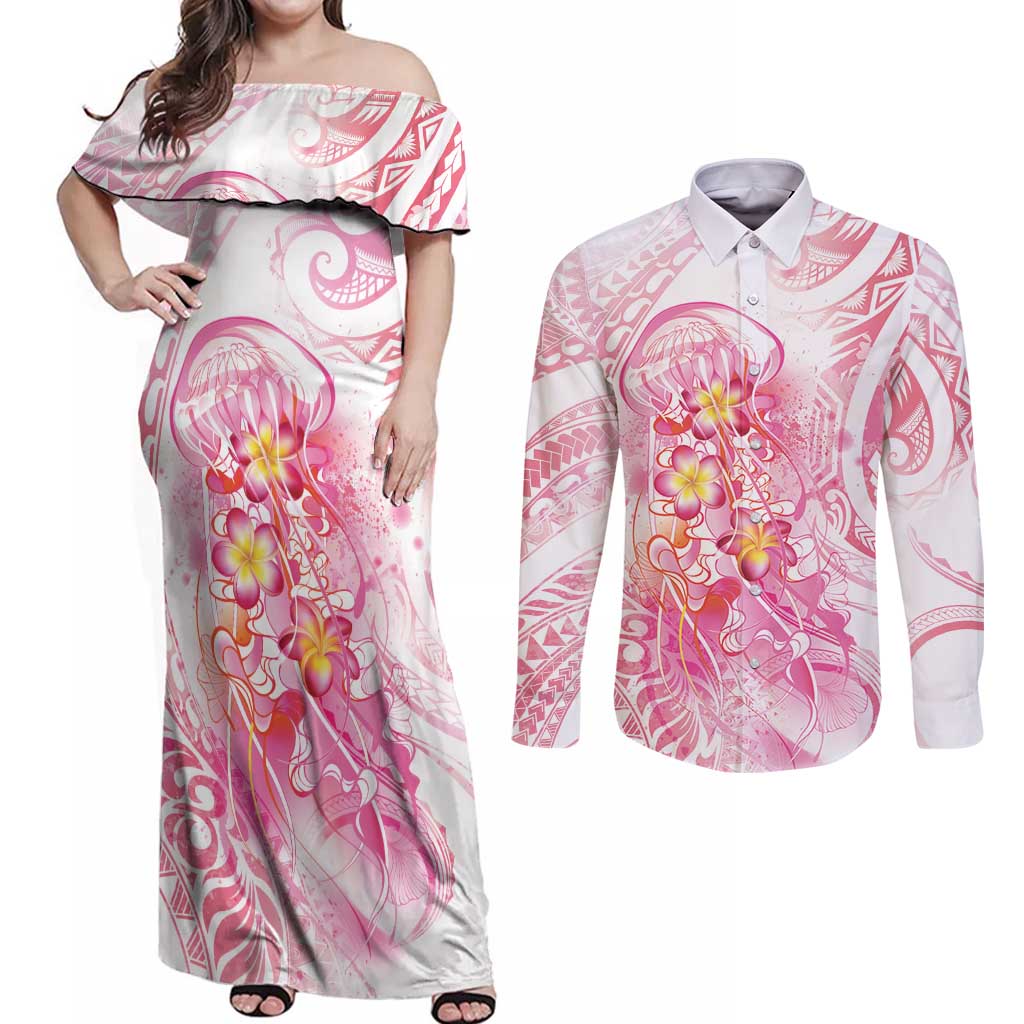 Rose Pink Polynesian Jellyfish Couples Matching Off Shoulder Maxi Dress and Long Sleeve Button Shirt Watercolor Glows LT7 Rose Pink - Polynesian Pride