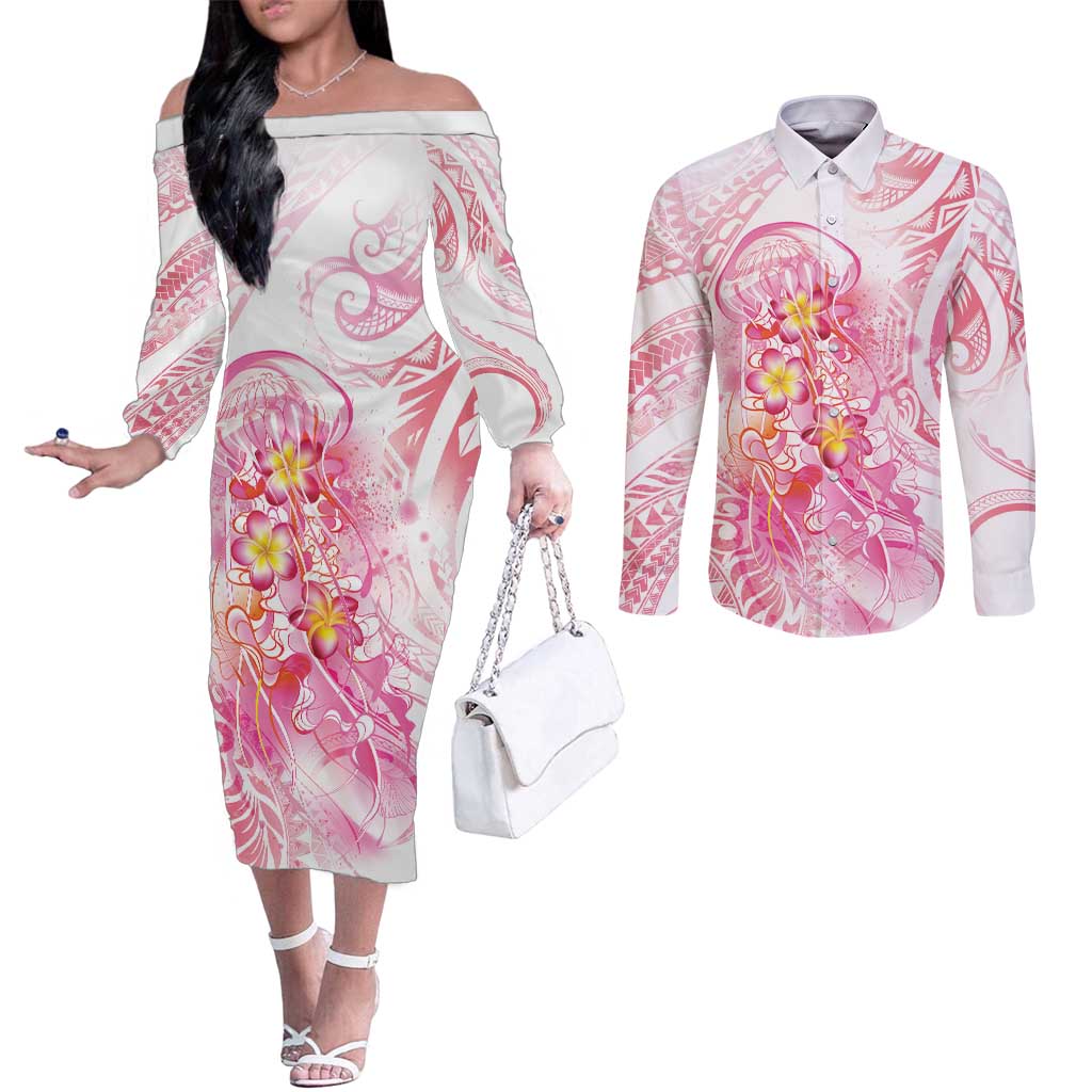 Rose Pink Polynesian Jellyfish Couples Matching Off The Shoulder Long Sleeve Dress and Long Sleeve Button Shirt Watercolor Glows LT7 Rose Pink - Polynesian Pride