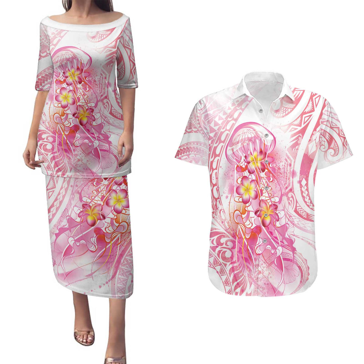 Rose Pink Polynesian Jellyfish Couples Matching Puletasi and Hawaiian Shirt Watercolor Glows LT7 Rose Pink - Polynesian Pride