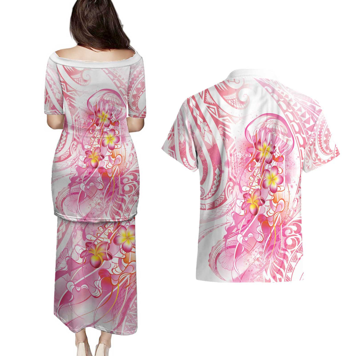 Rose Pink Polynesian Jellyfish Couples Matching Puletasi and Hawaiian Shirt Watercolor Glows LT7 - Polynesian Pride