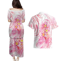 Rose Pink Polynesian Jellyfish Couples Matching Puletasi and Hawaiian Shirt Watercolor Glows LT7 - Polynesian Pride