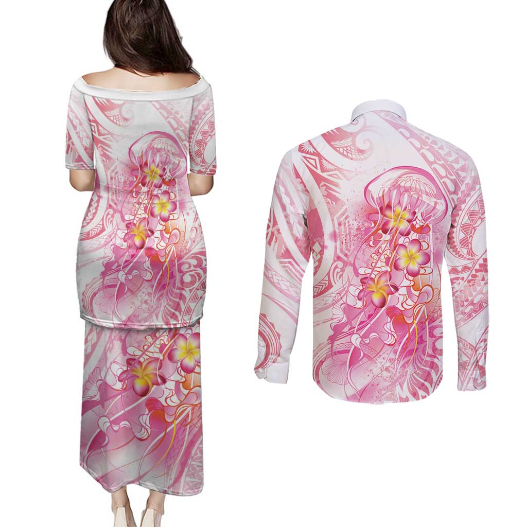 Rose Pink Polynesian Jellyfish Couples Matching Puletasi and Long Sleeve Button Shirt Watercolor Glows - Polynesian Pride