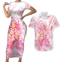 Rose Pink Polynesian Jellyfish Couples Matching Short Sleeve Bodycon Dress and Hawaiian Shirt Watercolor Glows - Polynesian Pride