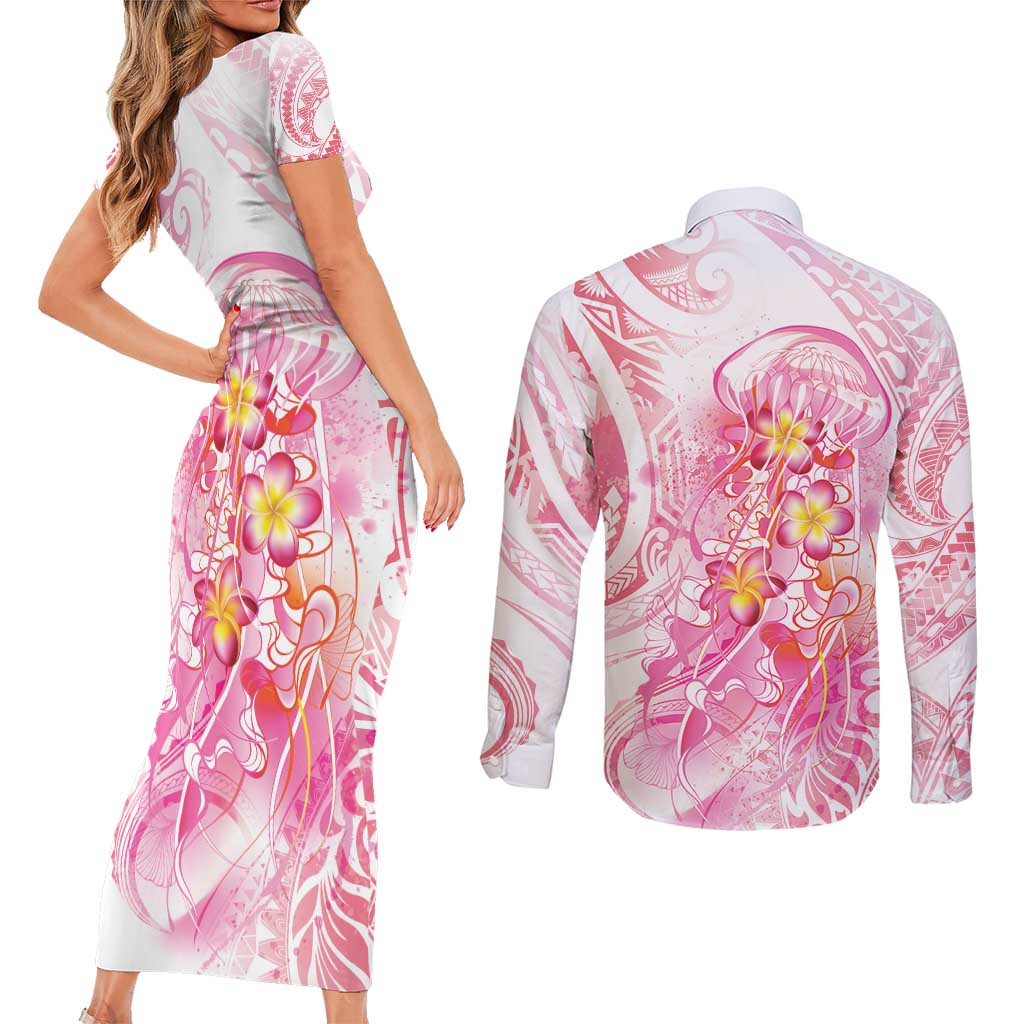Rose Pink Polynesian Jellyfish Couples Matching Short Sleeve Bodycon Dress and Long Sleeve Button Shirt Watercolor Glows LT7 - Polynesian Pride