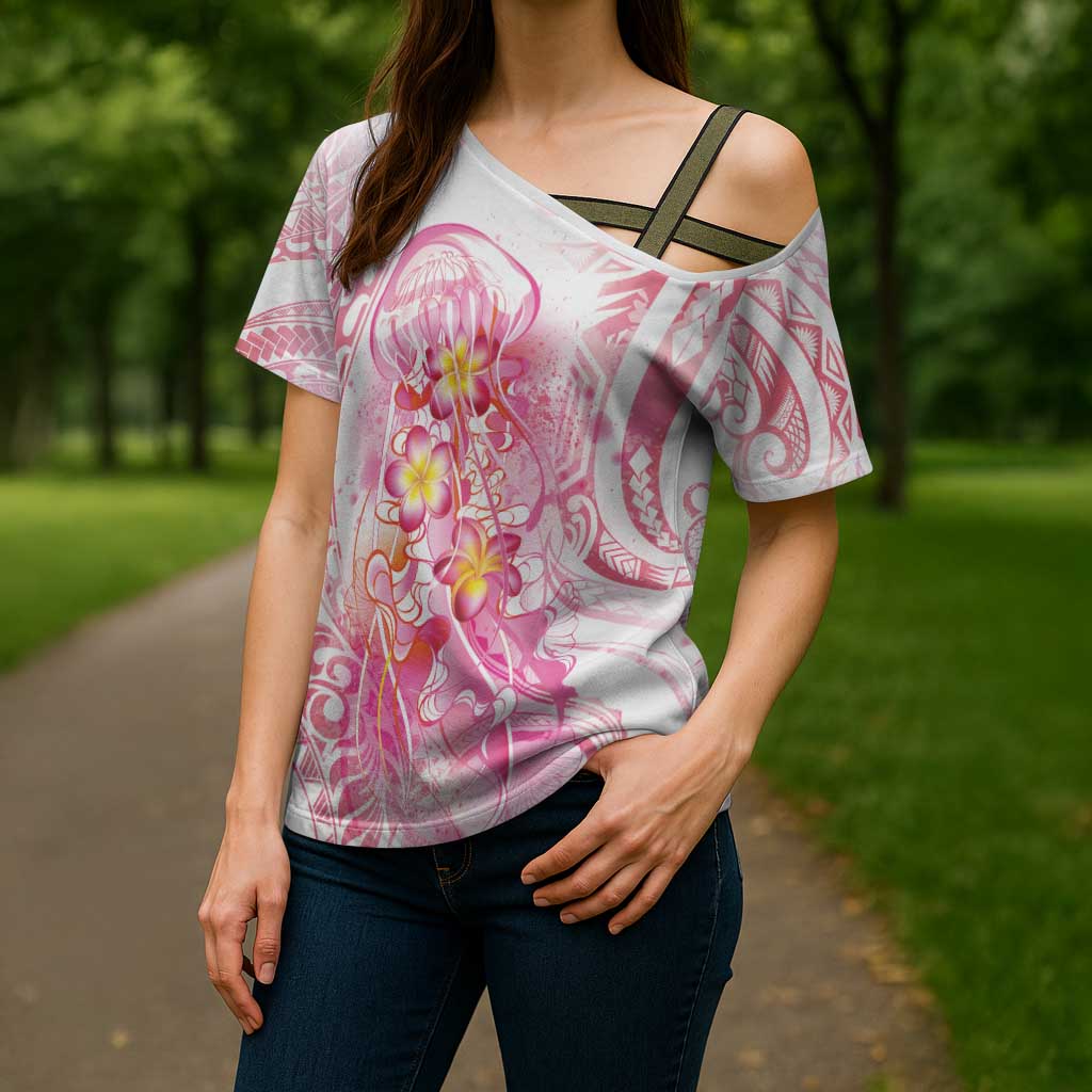 Rose Pink Polynesian Jellyfish Cross Shoulder Shirt Watercolor Glows - Polynesian Pride