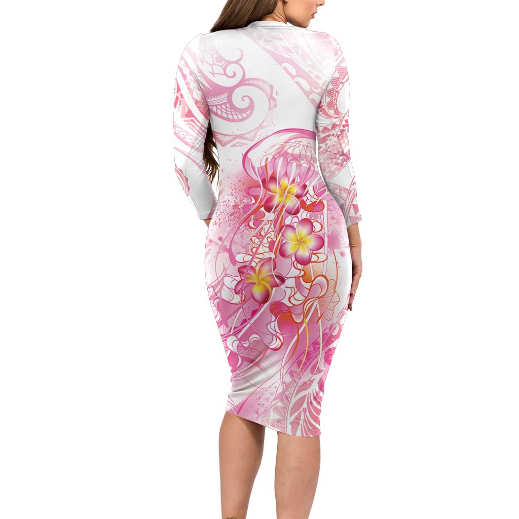 Rose Pink Polynesian Jellyfish Family Matching Long Sleeve Bodycon Dress and Hawaiian Shirt Watercolor Glows - Polynesian Pride
