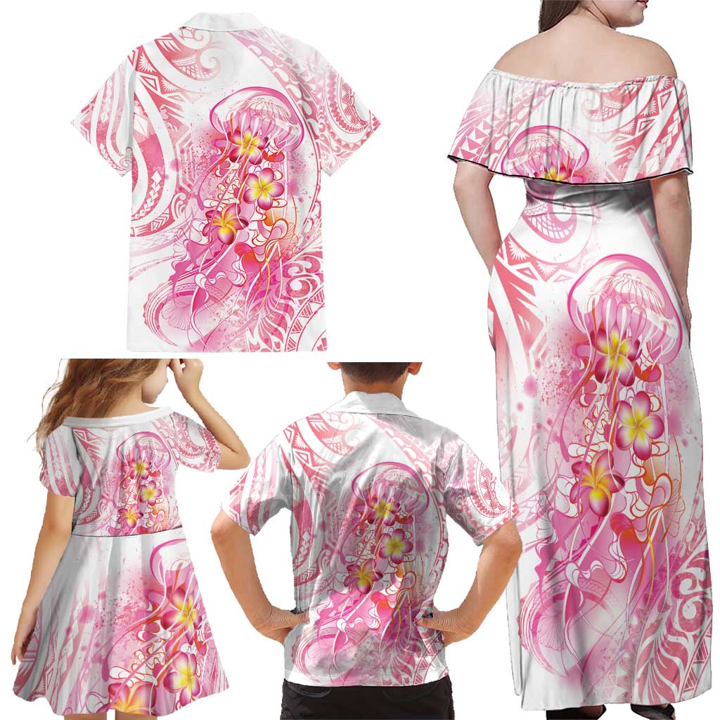 Rose Pink Polynesian Jellyfish Family Matching Off Shoulder Maxi Dress and Hawaiian Shirt Watercolor Glows - Polynesian Pride