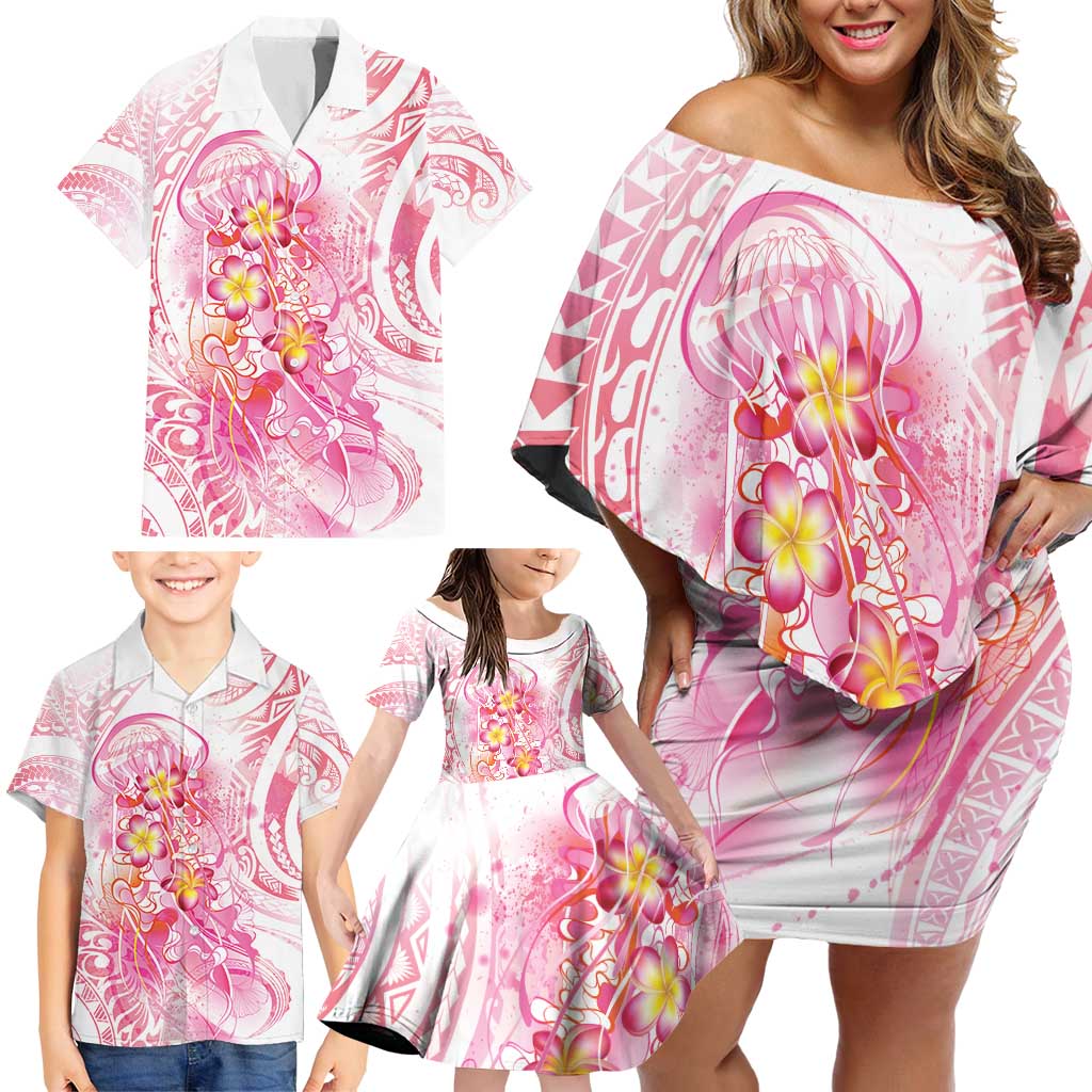 Rose Pink Polynesian Jellyfish Family Matching Off Shoulder Short Dress and Hawaiian Shirt Watercolor Glows - Polynesian Pride