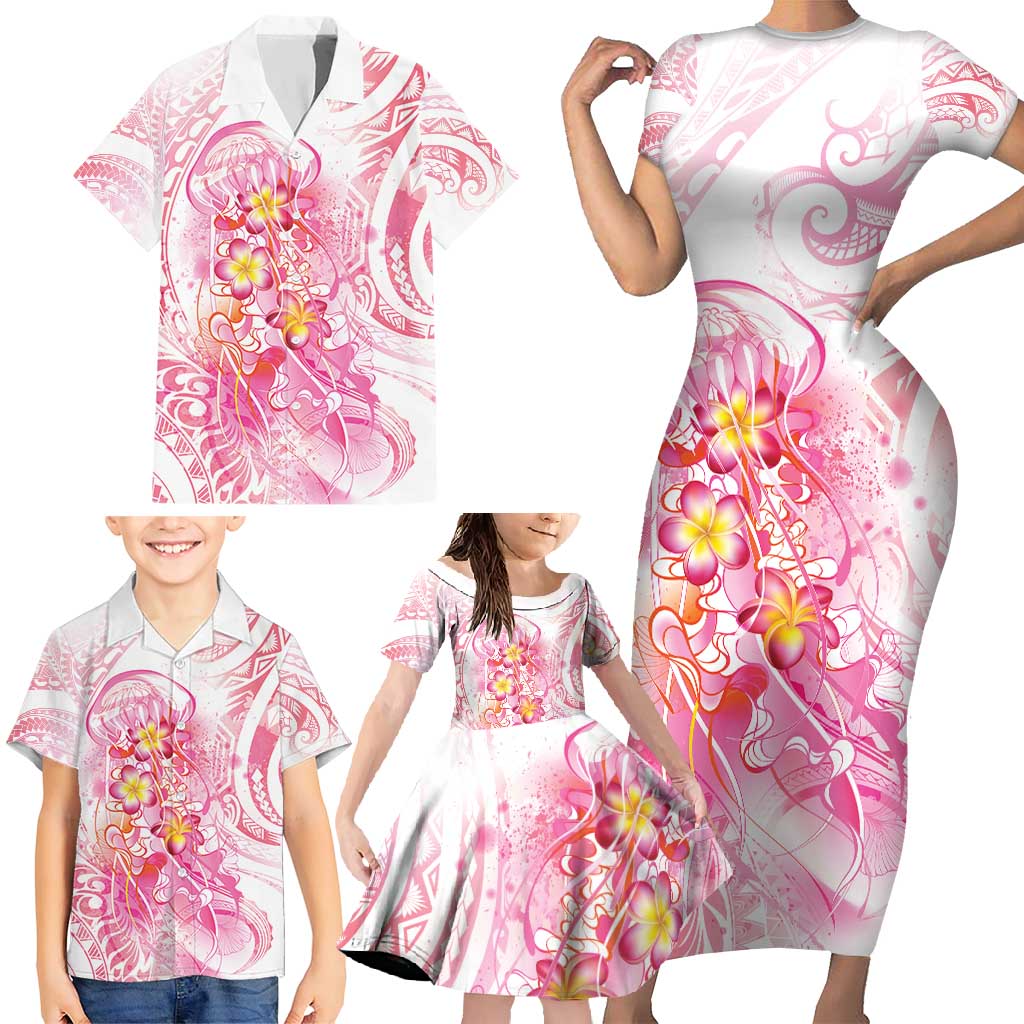 Rose Pink Polynesian Jellyfish Family Matching Short Sleeve Bodycon Dress and Hawaiian Shirt Watercolor Glows - Polynesian Pride