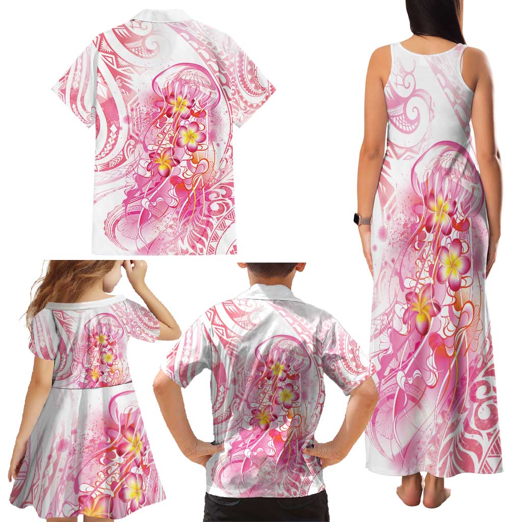 Rose Pink Polynesian Jellyfish Family Matching Tank Maxi Dress and Hawaiian Shirt Watercolor Glows - Polynesian Pride