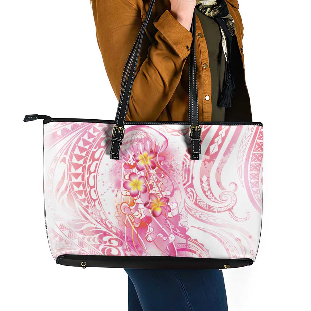 Rose Pink Polynesian Jellyfish Leather Tote Bag Watercolor Glows - Polynesian Pride