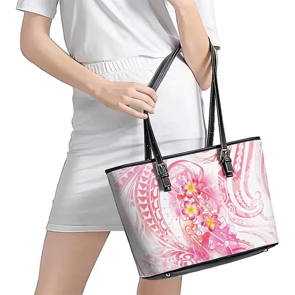 Rose Pink Polynesian Jellyfish Leather Tote Bag Watercolor Glows - Polynesian Pride