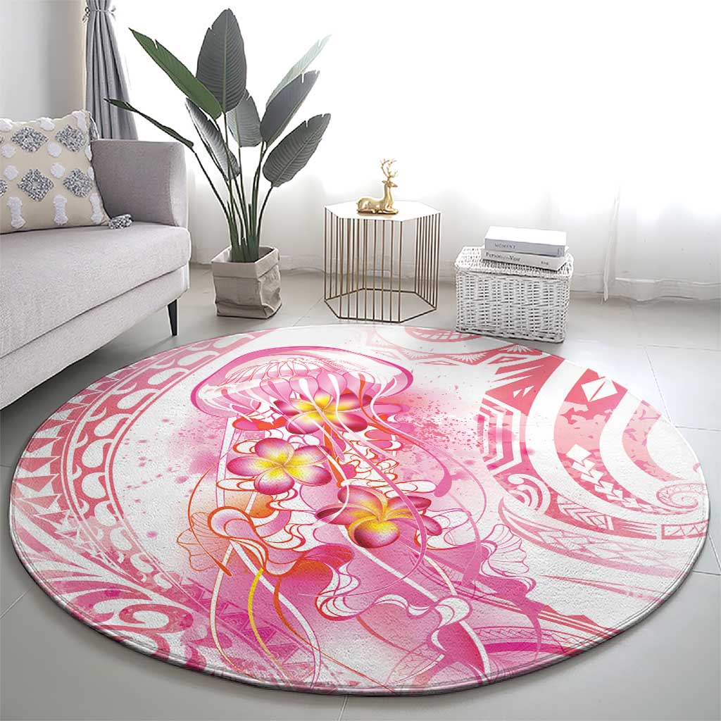 Rose Pink Polynesian Jellyfish Round Carpet Watercolor Glows - Polynesian Pride