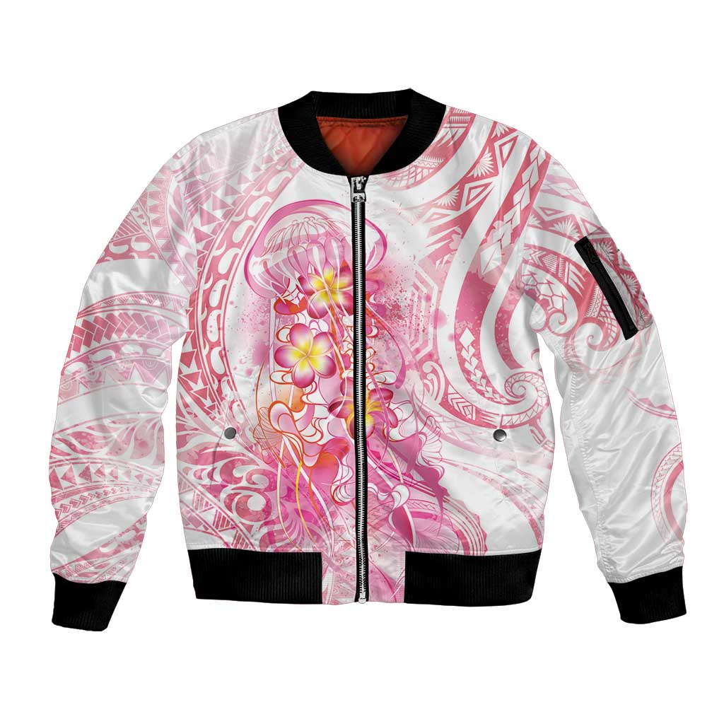 Rose Pink Polynesian Jellyfish Sleeve Zip Bomber Jacket Watercolor Glows LT7 Unisex Rose Pink - Polynesian Pride