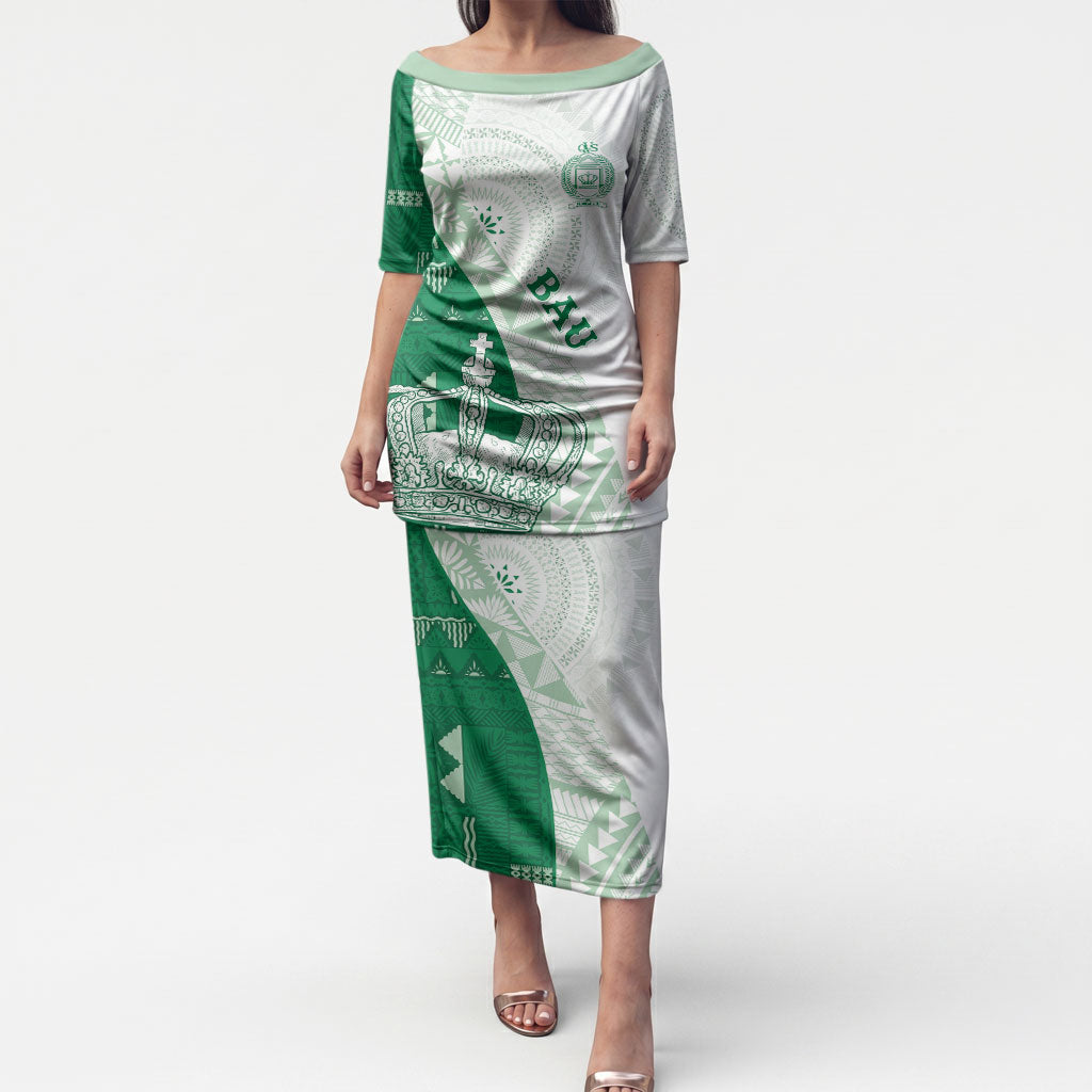 Queen Victoria School Fiji Vulinitu Bau House Puletasi Masi Tapa LT7 Long Dress Green - Polynesian Pride