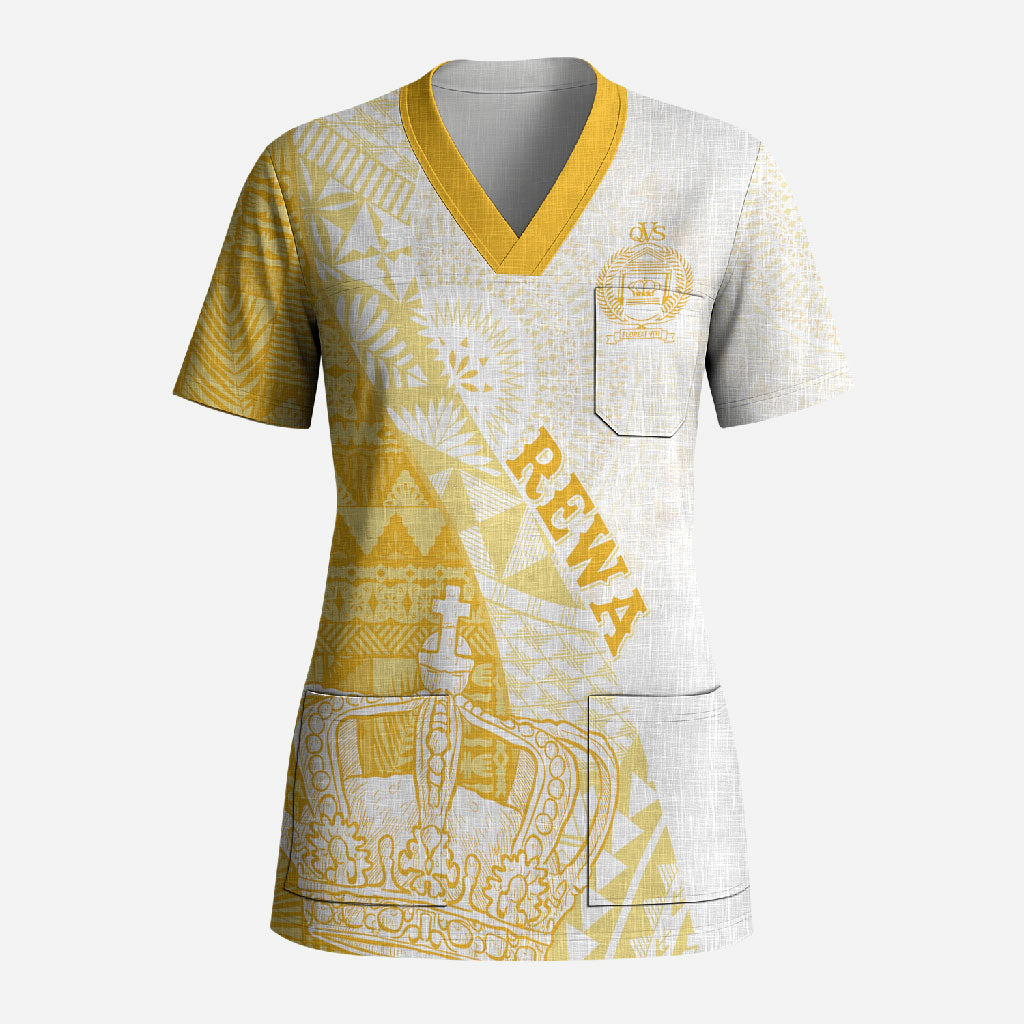 Queen Victoria School Fiji Vulinitu Rewa House Scrub Top Masi Tapa LT7 Adult Yellow - Polynesian Pride