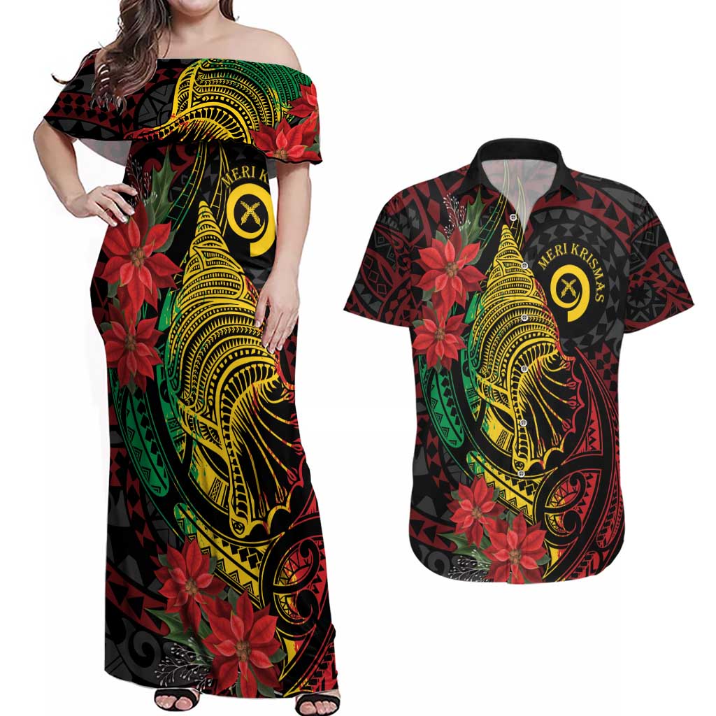 Vanuatu Meri Krismas Couples Matching Off Shoulder Maxi Dress and Hawaiian Shirt Conch Shell Tribal Art LT7 Art - Polynesian Pride