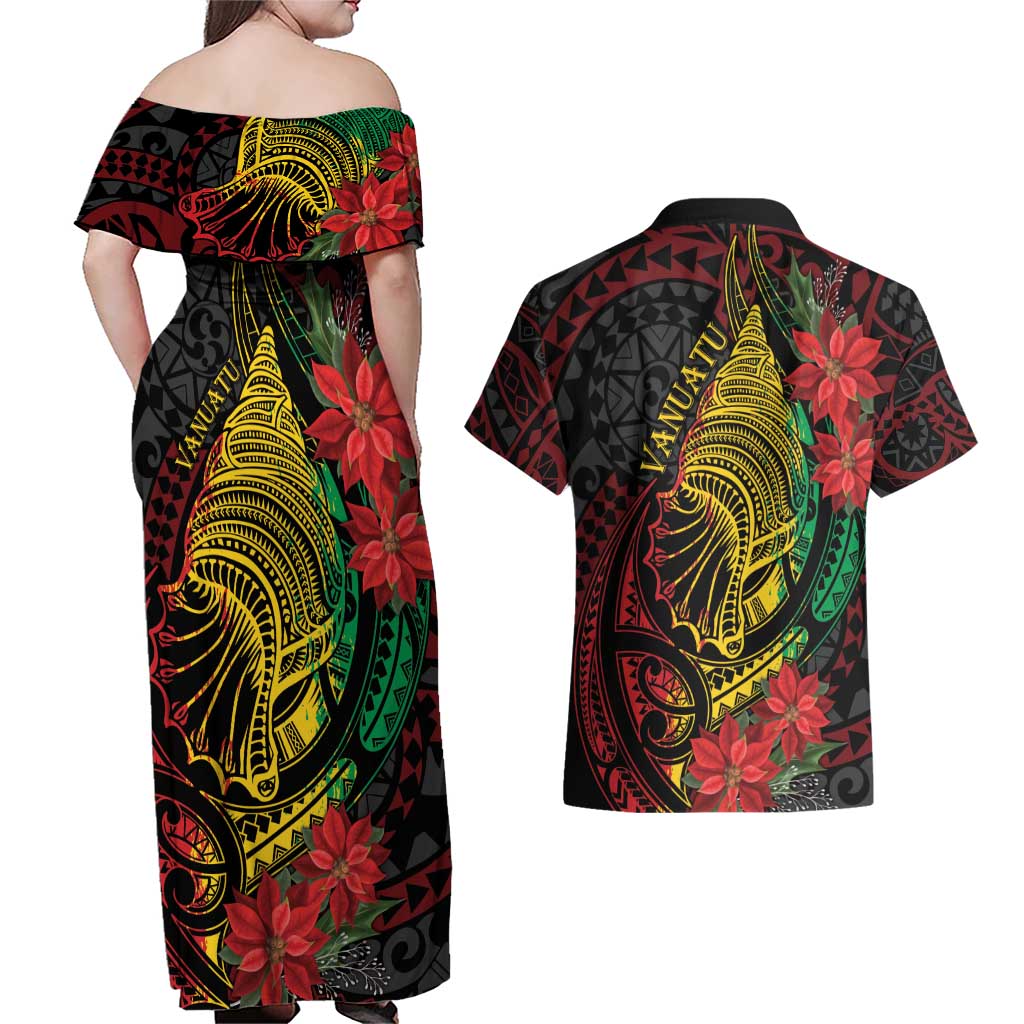 Vanuatu Meri Krismas Couples Matching Off Shoulder Maxi Dress and Hawaiian Shirt Conch Shell Tribal Art LT7 - Polynesian Pride