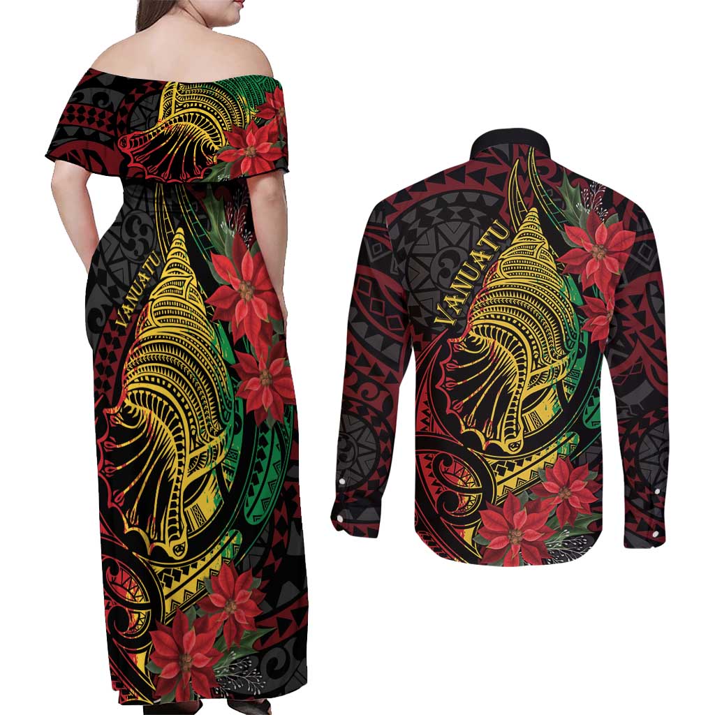 Vanuatu Meri Krismas Couples Matching Off Shoulder Maxi Dress and Long Sleeve Button Shirt Conch Shell Tribal Art