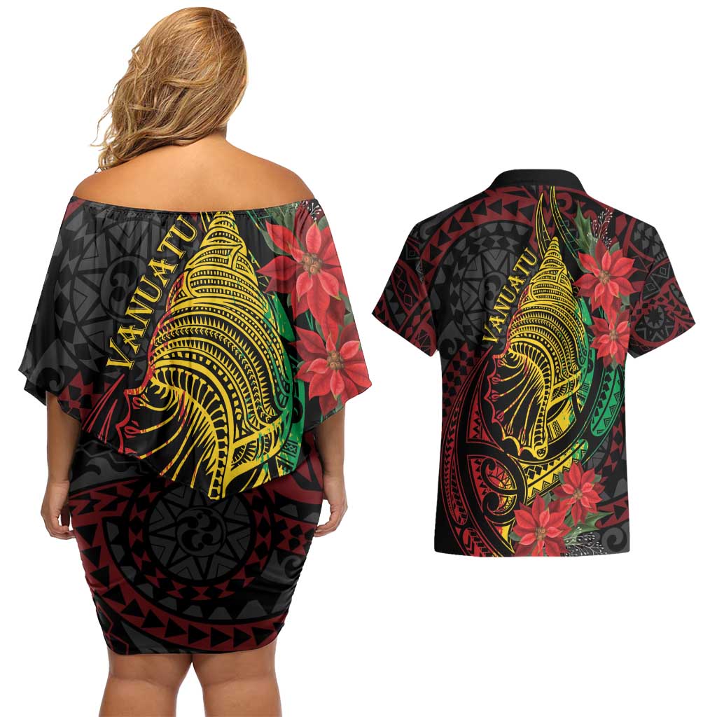 Vanuatu Meri Krismas Couples Matching Off Shoulder Short Dress and Hawaiian Shirt Conch Shell Tribal Art