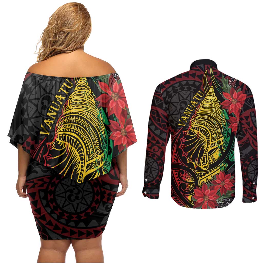Vanuatu Meri Krismas Couples Matching Off Shoulder Short Dress and Long Sleeve Button Shirt Conch Shell Tribal Art