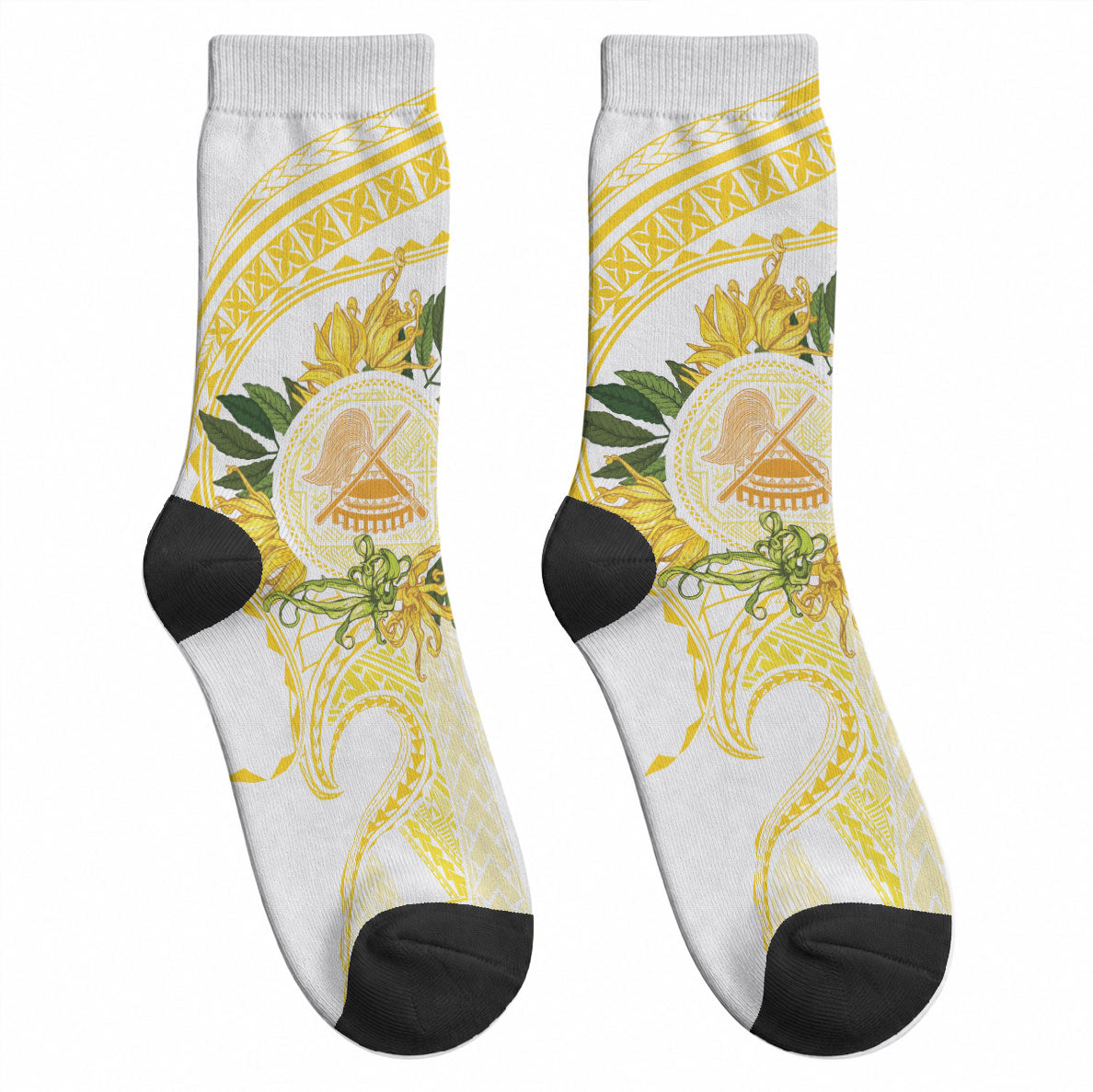 Samoa Moso'oi Flowers Tatau Crew Socks Festive Golden White LT7 - Polynesian Pride