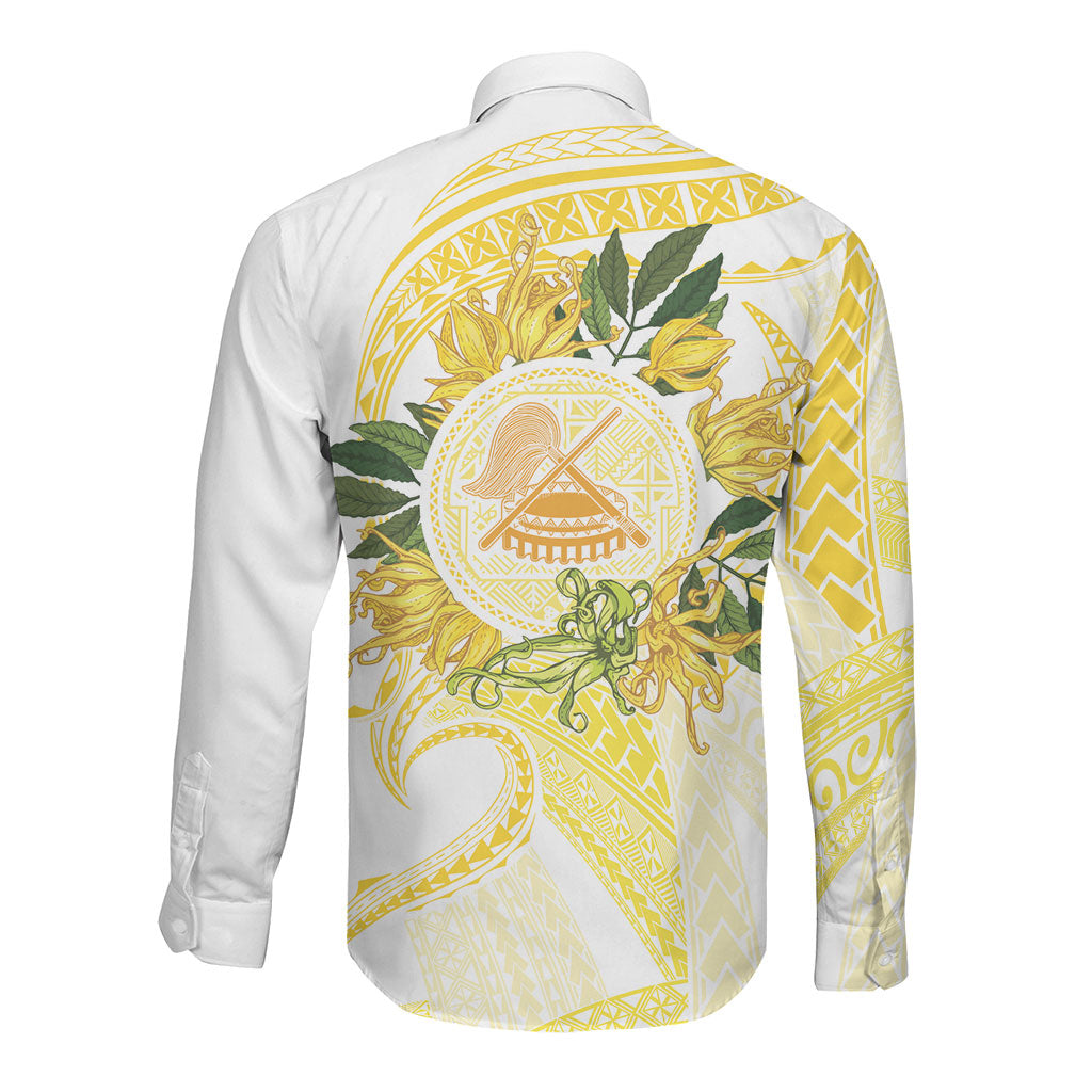 Samoa Moso'oi Flowers Tatau Long Sleeve Button Shirt Festive Golden White LT7 - Polynesian Pride