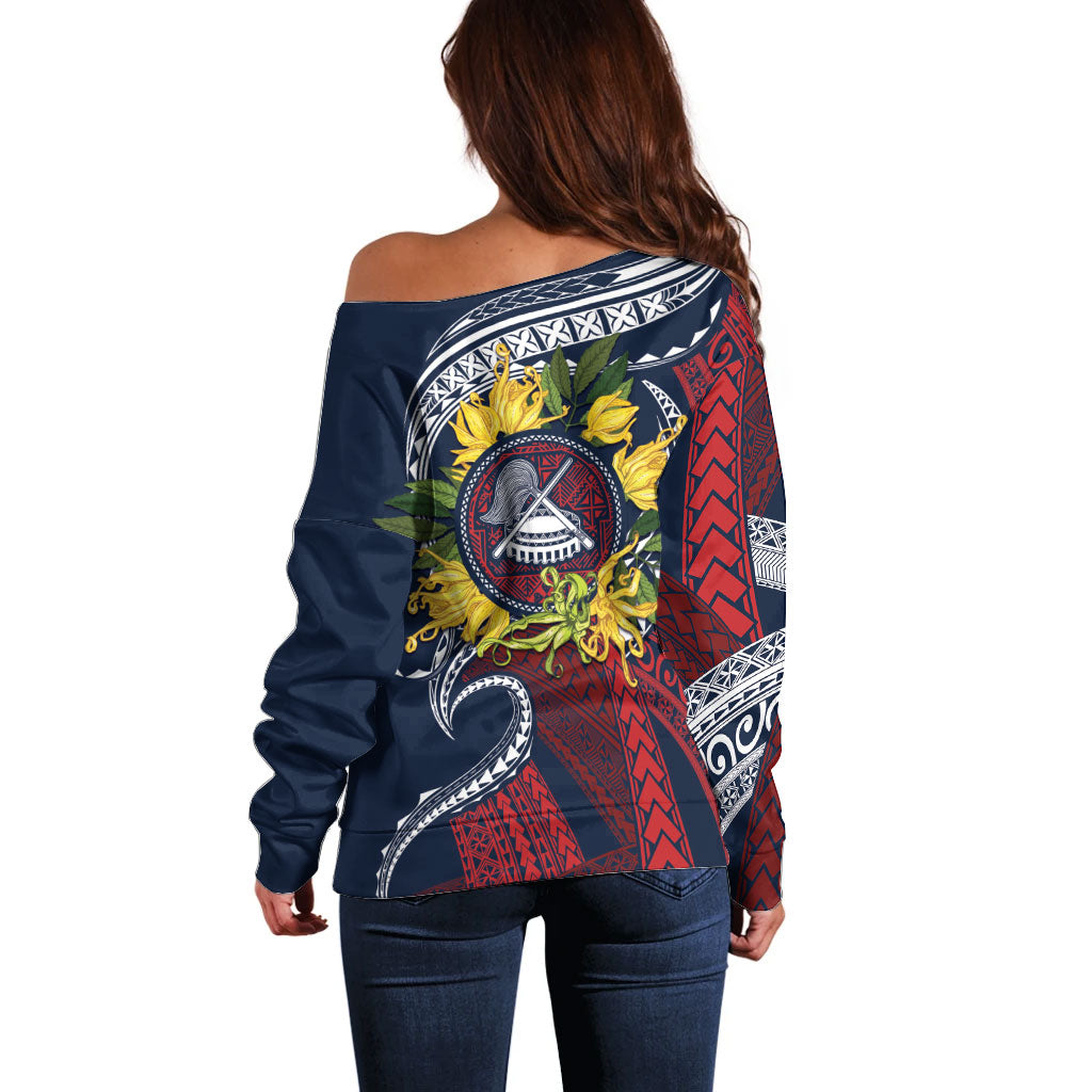 Samoa Moso'oi Flowers Tatau Off Shoulder Sweater Festive National Color LT7 - Polynesian Pride
