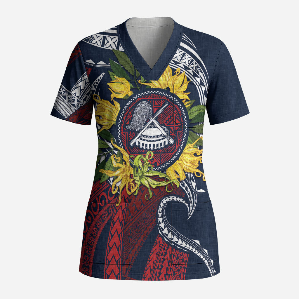 Samoa Moso'oi Flowers Tatau Scrub Top Festive National Color LT7 Adult Blue Red - Polynesian Pride