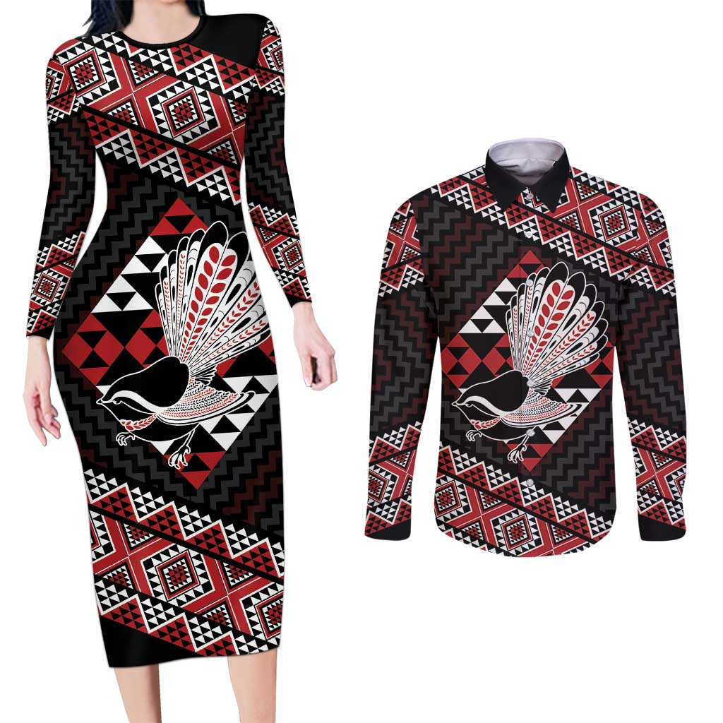 Taniko Aotearoa Couples Matching Long Sleeve Bodycon Dress and Long Sleeve Button Shirt Poutama Mix Piwakawaka