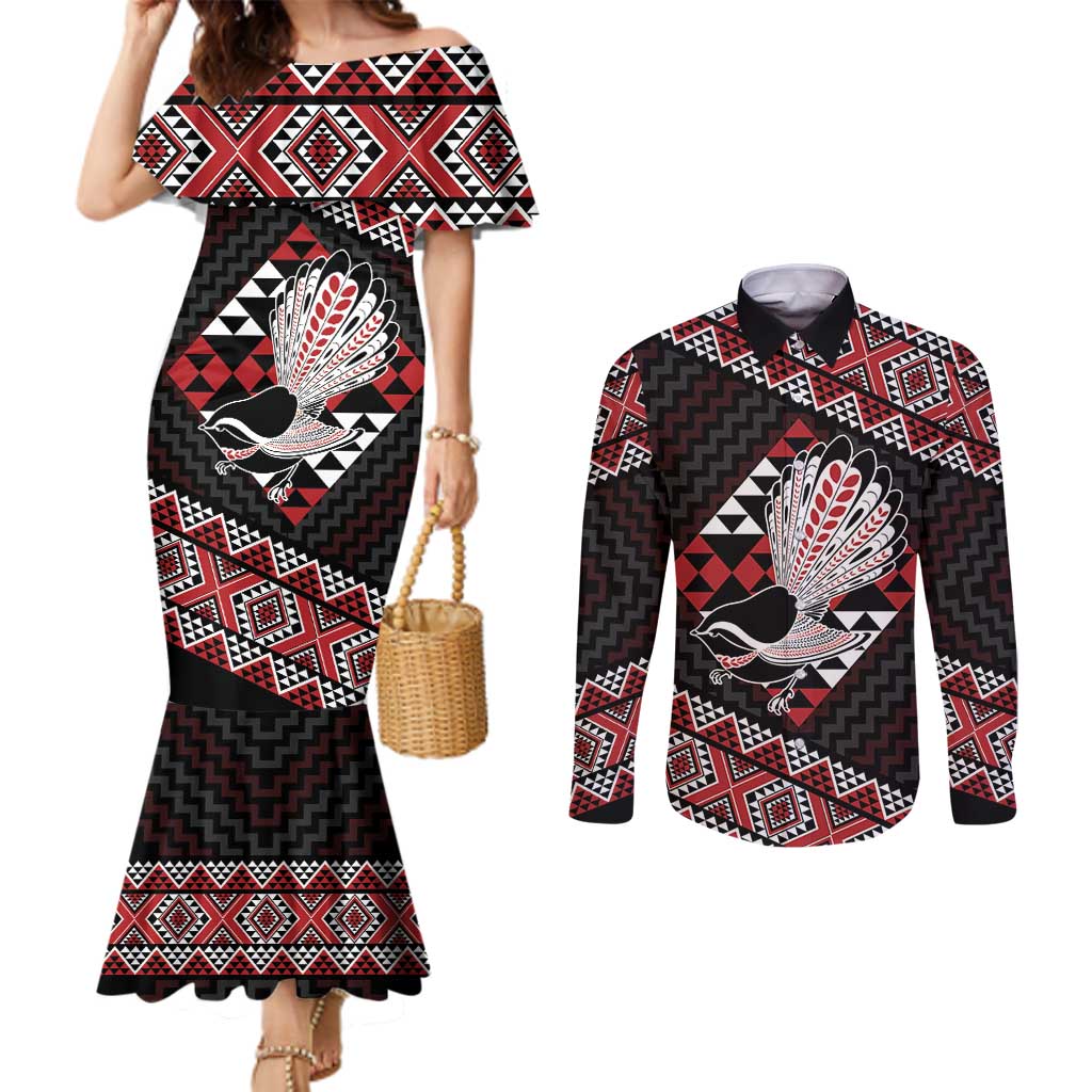 Taniko Aotearoa Couples Matching Mermaid Dress and Long Sleeve Button Shirt Poutama Mix Piwakawaka