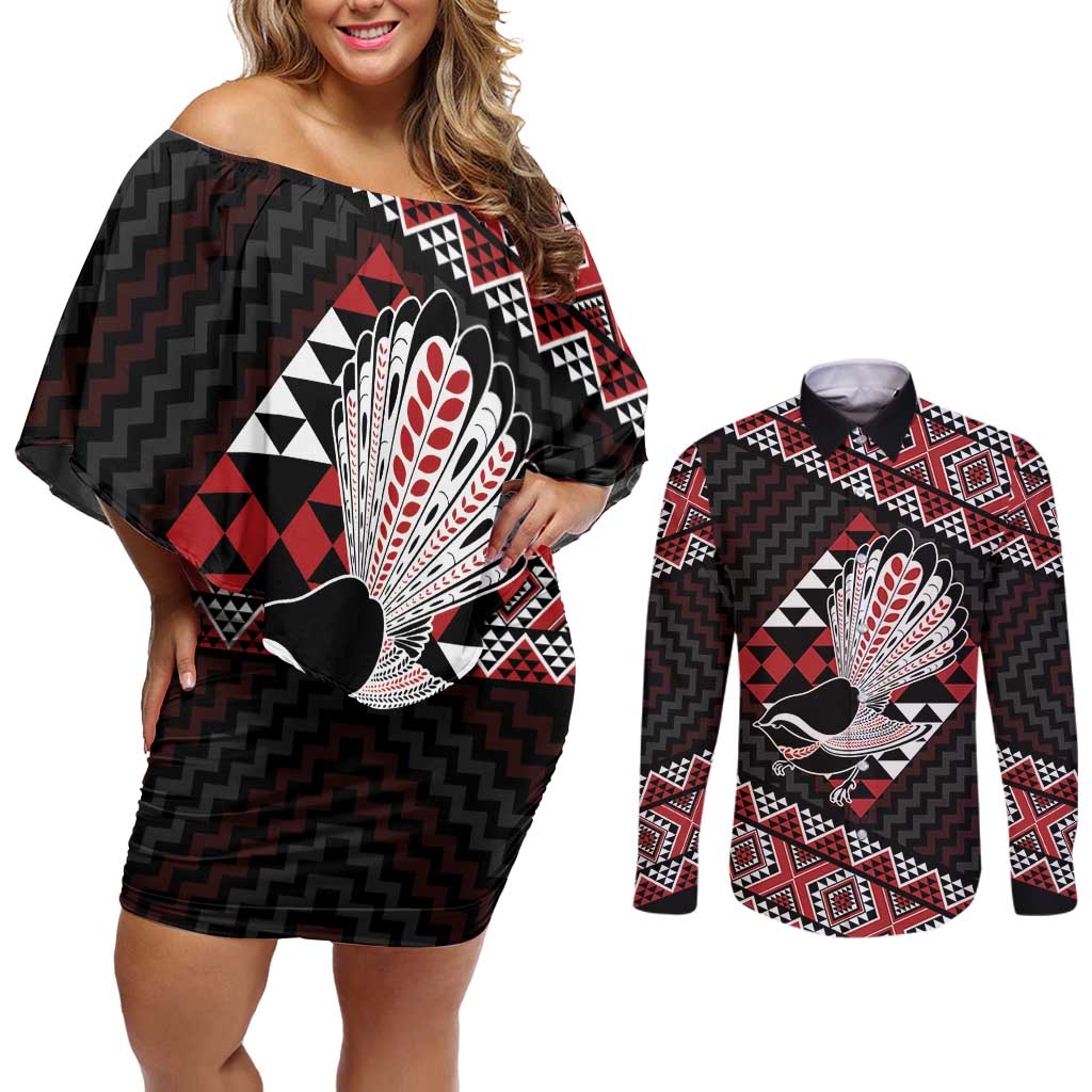 Taniko Aotearoa Couples Matching Off Shoulder Short Dress and Long Sleeve Button Shirt Poutama Mix Piwakawaka