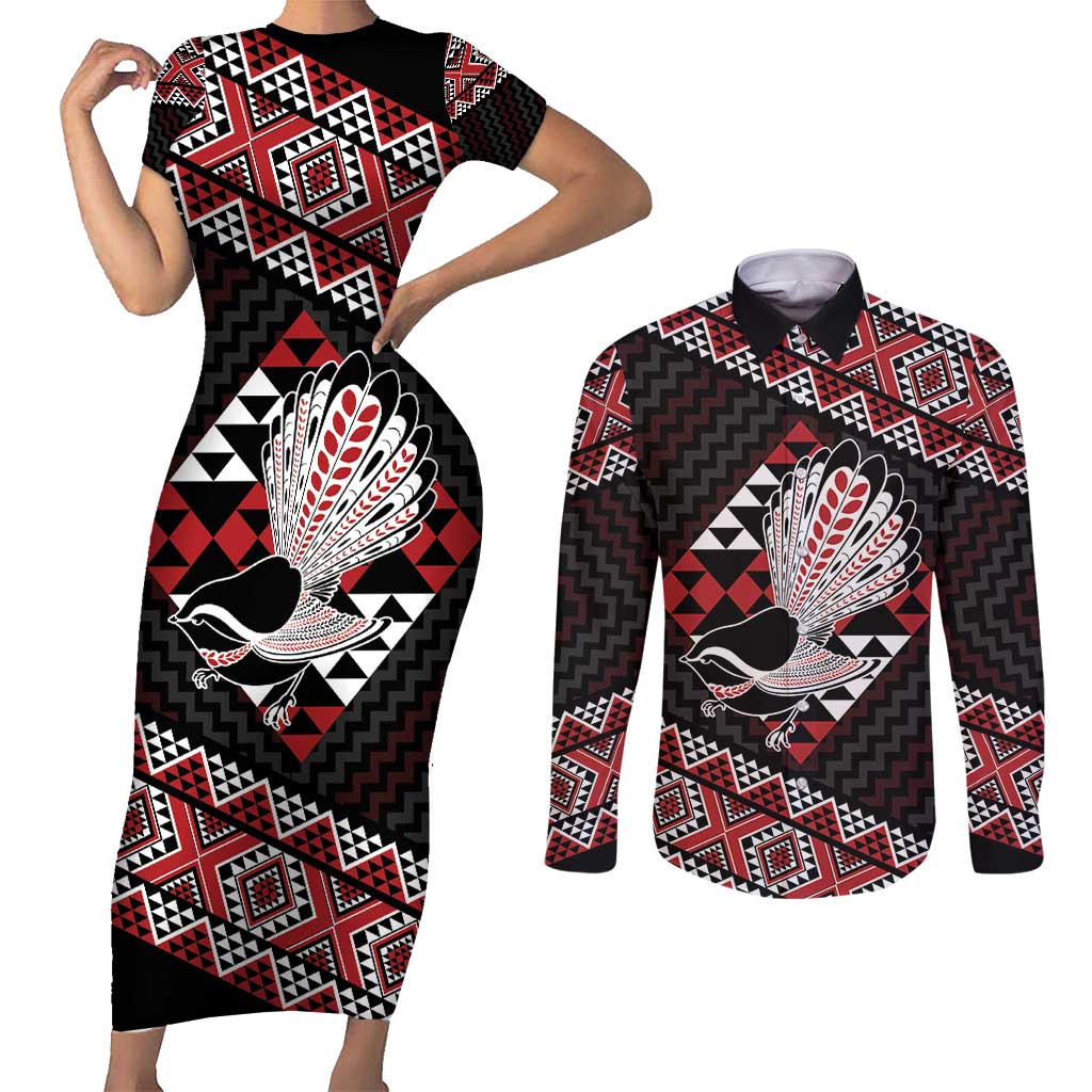 Taniko Aotearoa Couples Matching Short Sleeve Bodycon Dress and Long Sleeve Button Shirt Poutama Mix Piwakawaka