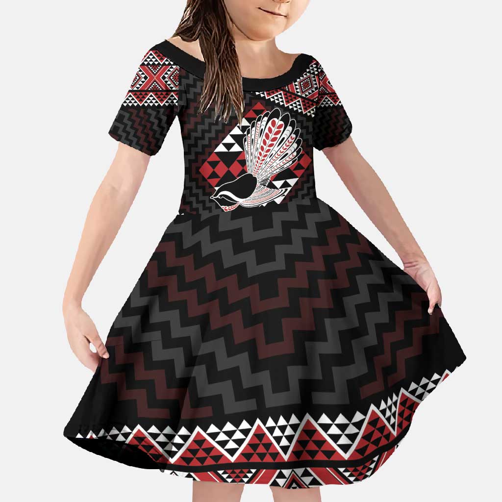 Taniko Aotearoa Family Matching Long Sleeve Bodycon Dress and Hawaiian Shirt Poutama Mix Piwakawaka LT7 Daughter's Dress Red - Polynesian Pride