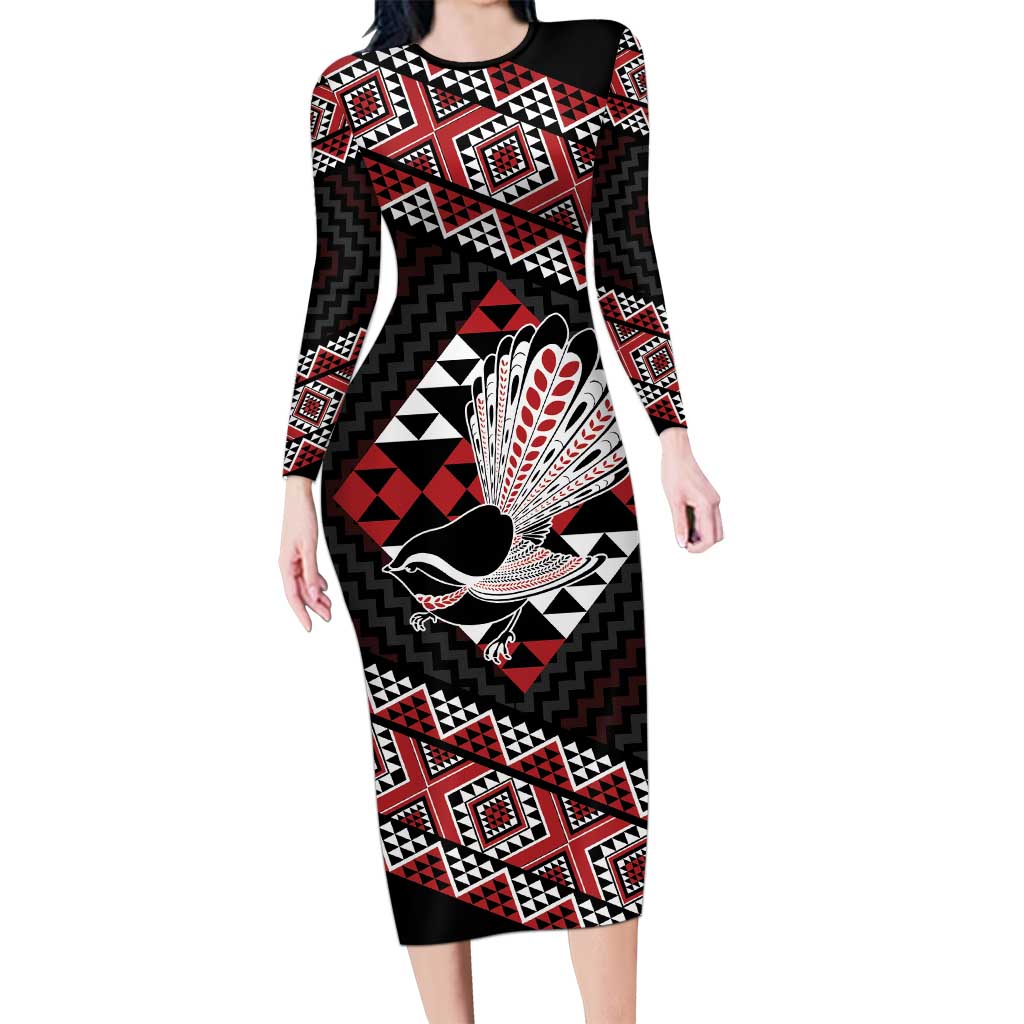Taniko Aotearoa Family Matching Long Sleeve Bodycon Dress and Hawaiian Shirt Poutama Mix Piwakawaka LT7 Mom's Dress Red - Polynesian Pride