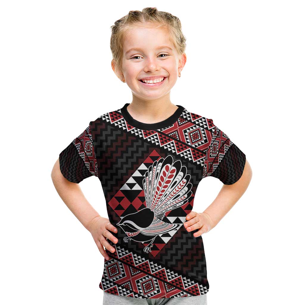 Taniko Aotearoa Kid T Shirt Poutama Mix Piwakawaka LT7 Red - Polynesian Pride