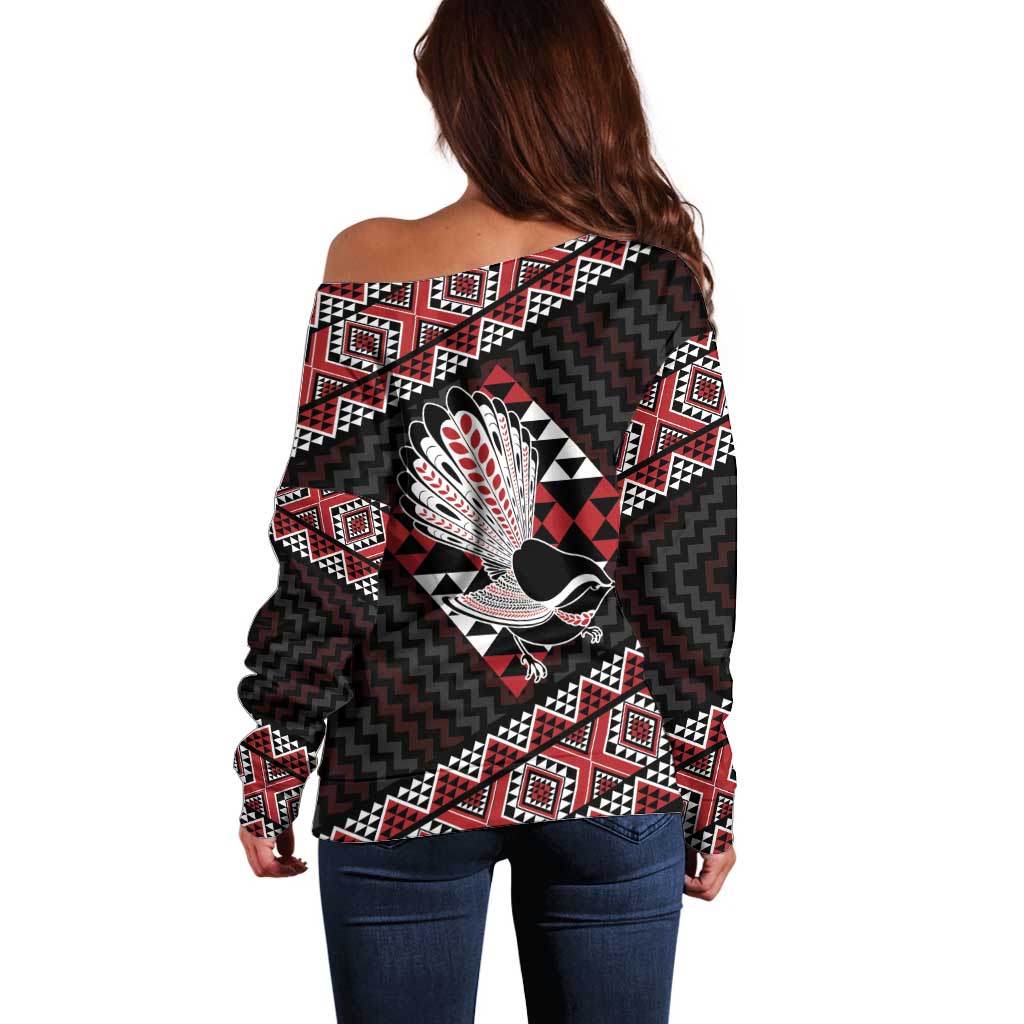 Taniko Aotearoa Off Shoulder Sweater Poutama Mix Piwakawaka