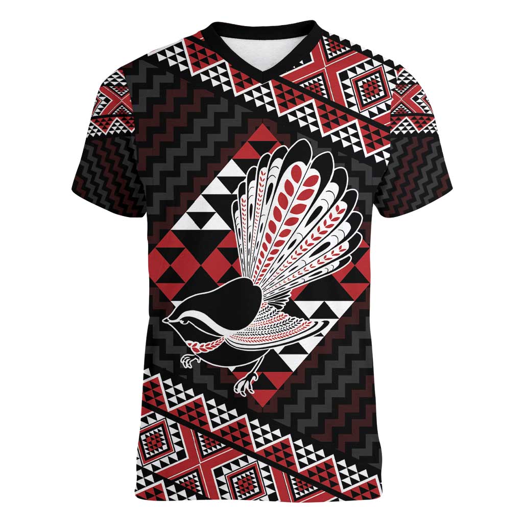 Taniko Aotearoa Women V-Neck T-Shirt Poutama Mix Piwakawaka LT7 Female Red - Polynesian Pride