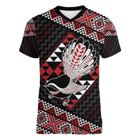 Taniko Aotearoa Women V-Neck T-Shirt Poutama Mix Piwakawaka LT7 Female Red - Polynesian Pride
