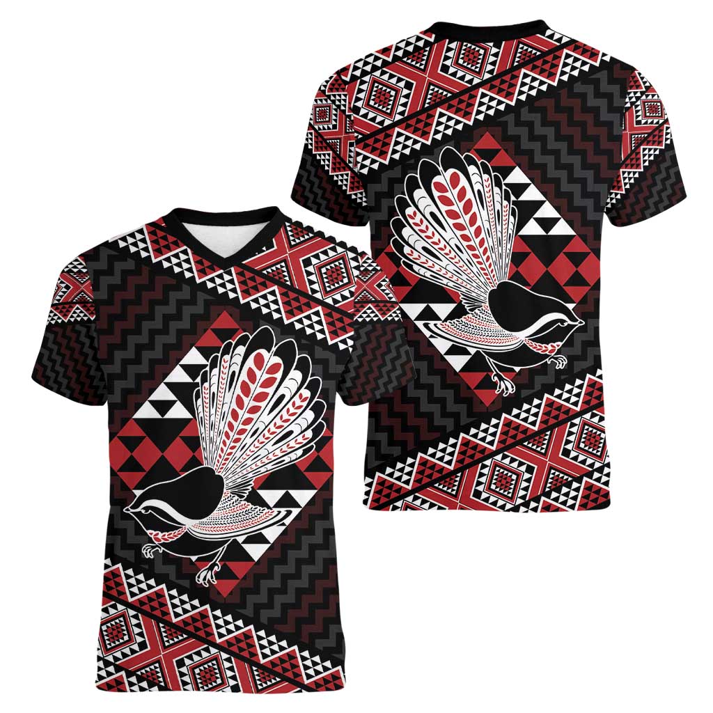 Taniko Aotearoa Women V-Neck T-Shirt Poutama Mix Piwakawaka LT7 - Polynesian Pride