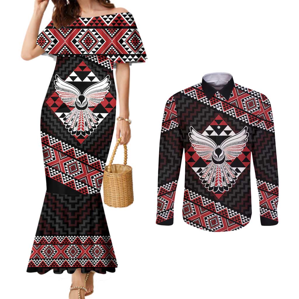 Taniko Aotearoa Couples Matching Mermaid Dress and Long Sleeve Button Shirt Poutama Mix Piwakawaka - Ver02